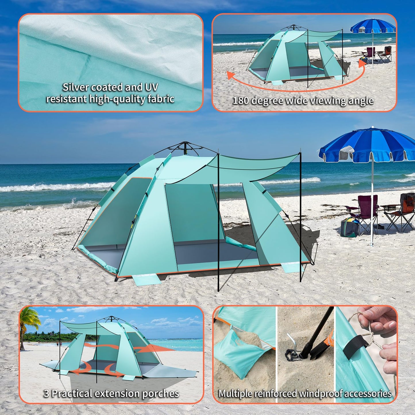4-5 Person Instant Strandmuschel Automatisches Strandzelt, Extra großes tragbares belüftetes automatisches Sonnenschutz, UV Schutz 50+ Easy Setup Pop Up Zelt für Picknick, Strand