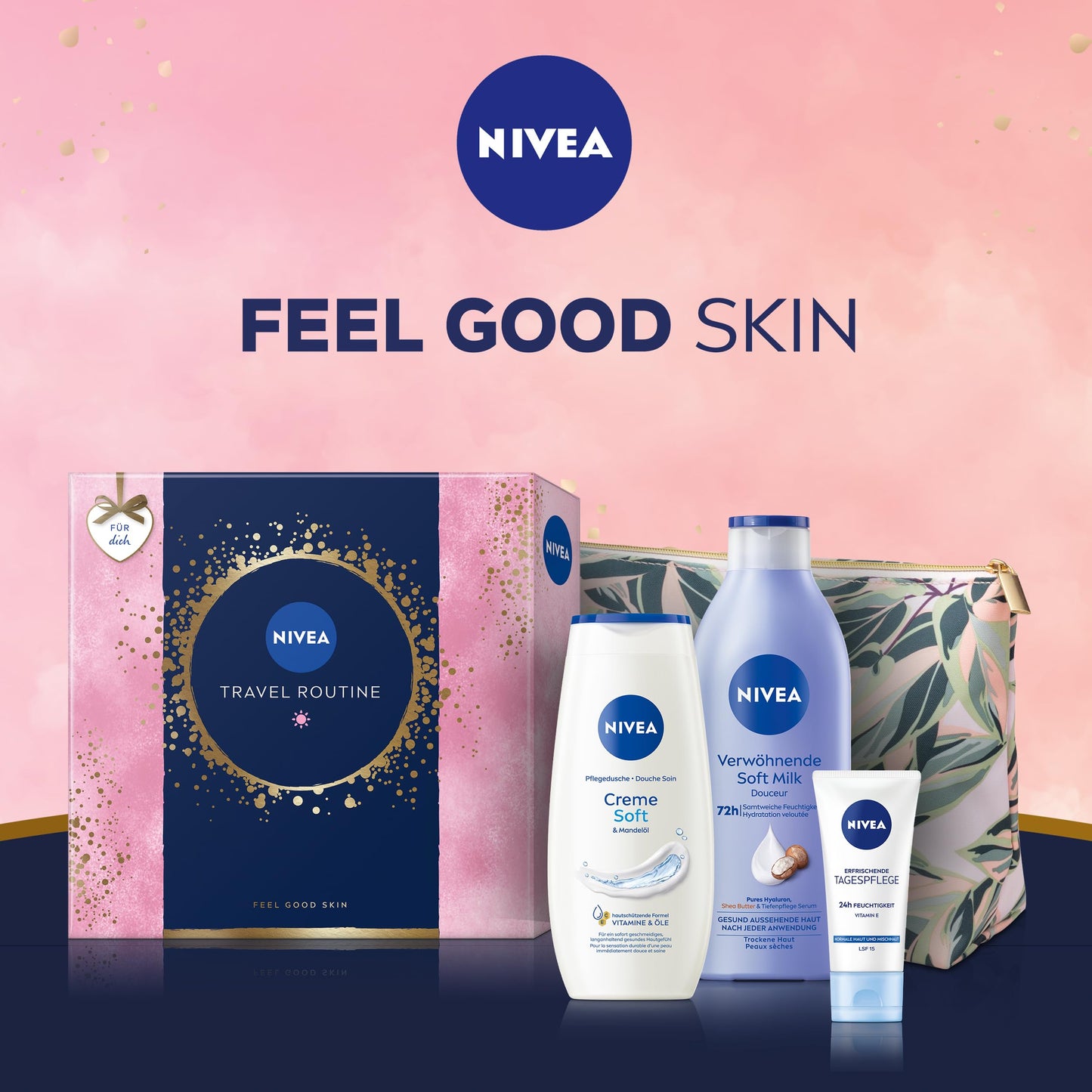 NIVEA Travel Routine Geschenkset, verwöhnendes Pflegeset mit NIVEA Pflege-Favoriten, Geschenkbox mit Pflegedusche, Body Lotion, Gesichtscreme und Kulturbeutel