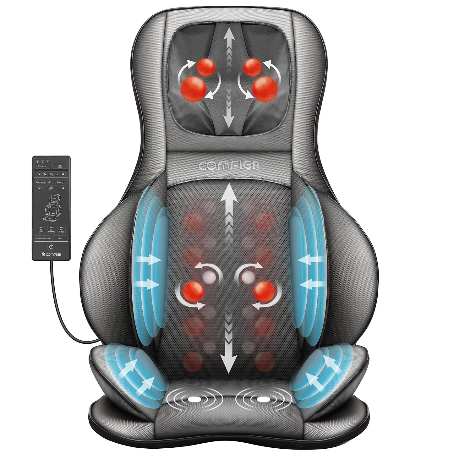 COMFIER Shiatsu Massagesitzauflage mit Knet-, Rollen-, Vibrations- und Luftkompressionsmassage, Massageauflage mit Wärmefunktion, für Nacken-, Schultern-, Rücken- und Oberschenkel