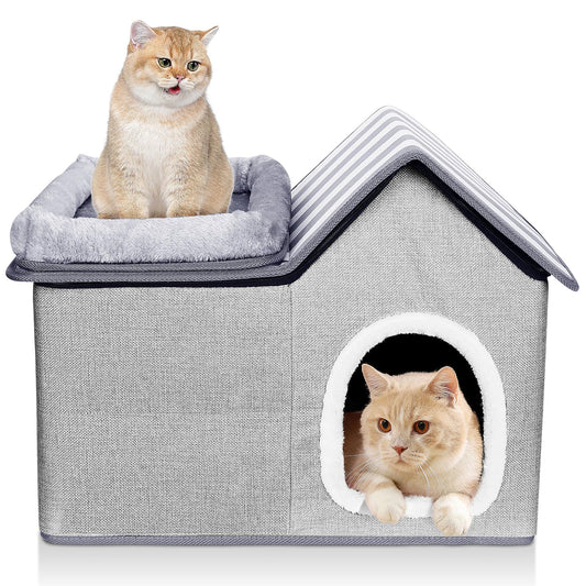 HEVOL Katzenhaus, Katzenhöhle Outdoor, Warm Hundehöhle, Abnehmbar Hundehütte mit Waschbarem Kissen und Plattform, Katzenhöhle für Draußen, Katzenhaus Höhle für Kleine und Mittlere Haustiere