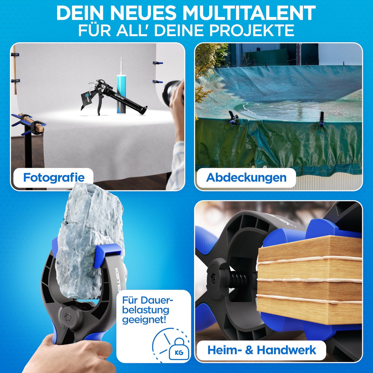 KISTEK® Klemmzwingen Set [10 Stück] - Federklemmen mit über 8cm Spannweite und starker Spannkraft - Klammern zum Leimen von Holz, Metall, etc. - Ideal zum Klemmen bei Fotografie, Pool & Werkstatt