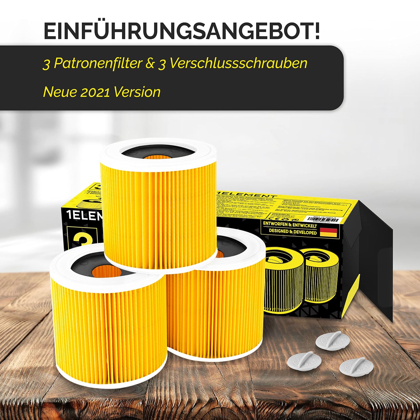 3 Filter für Kärcher Staubsauger [WD3, WD2, WD1, MV3, MV2, A, K, KNT, NT, SE, VC] – 3 Rundfilter + 3 Verschluss-Schrauben für Allergiker gegen Feinstaub/Gerüche [WD 3 2 1 MV] von 1ELEMENT