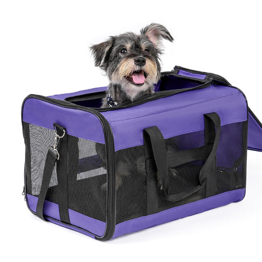 Conlun Hundetransportbox Weichseitig, Große Tasche für Katzen mit Innenleine, Transport für große Katzen und mittelgroße Hunde bis 9 kg, Zusammenklappbare Reisetasche für Welpen -Lila,L