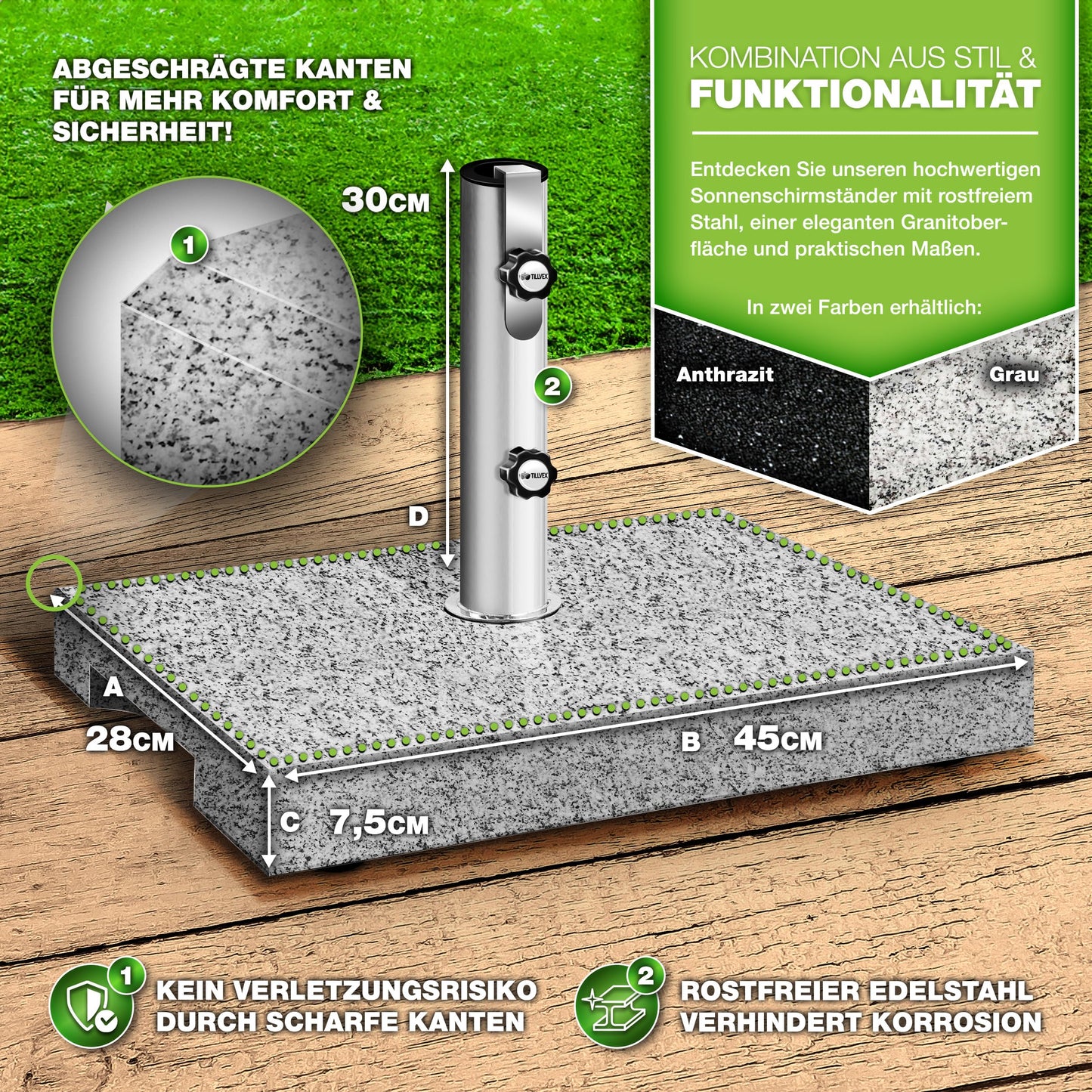 tillvex® Granit Sonnenschirmständer mit Transportgriff 27 kg Rechteckig | Schirmständer Sonnenschirm mit Edelstahlrohr | Balkonschirmständer für Schirmstöcke 16-48 mm & 300 cm Schirmdurchmesser